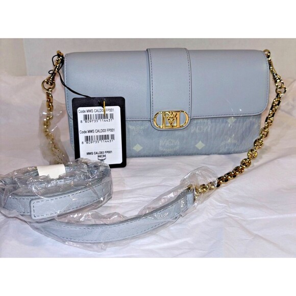 MCM Crossbody Purse Gray Leather Chic Preppy Designer Understated Gold Quiet Lux - Picture 4 of 15